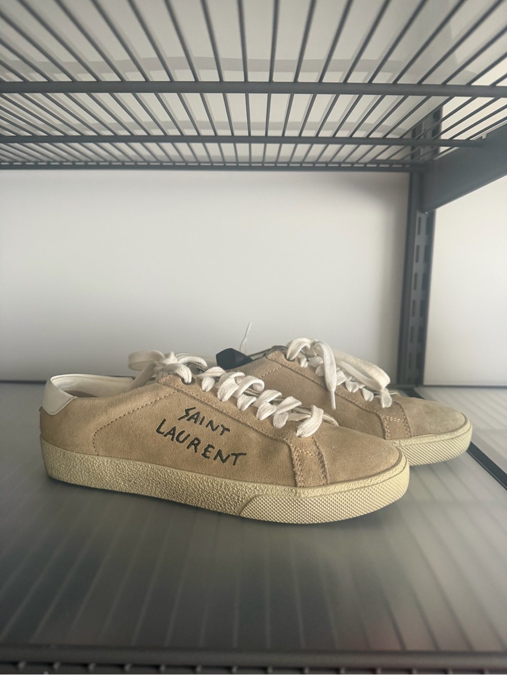 Saint Laurent Beige Suede Low-Top Sneakers with White Laces